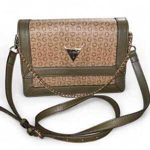 Guess Monogram Crossbody Bag Olive Green Chain Strap – New